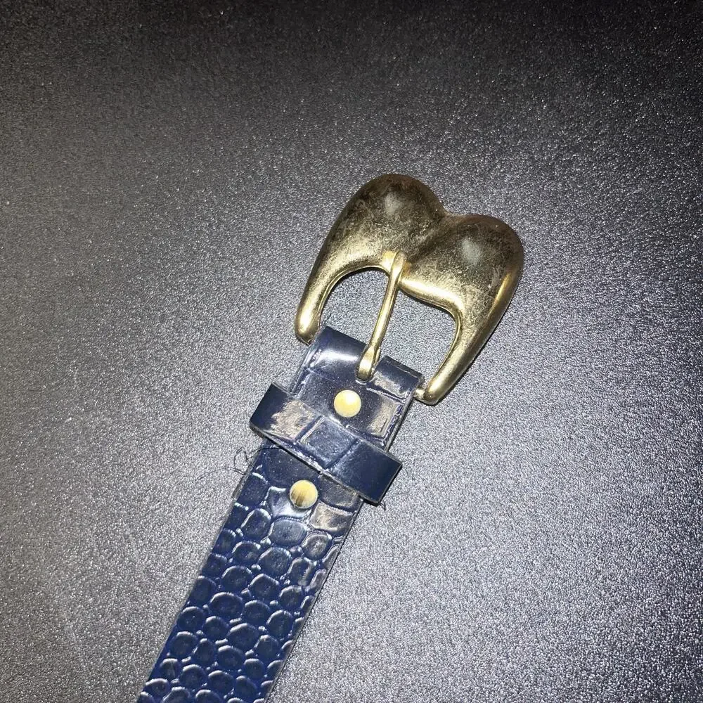 Navy Blue Faux Leather Textured Gold-Tone Hardware Belt Women's 30